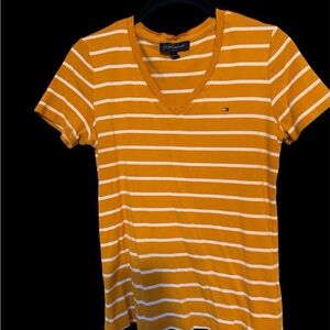 Tommy Hilfiger Women's V-Neck Orange and White Striped Tee